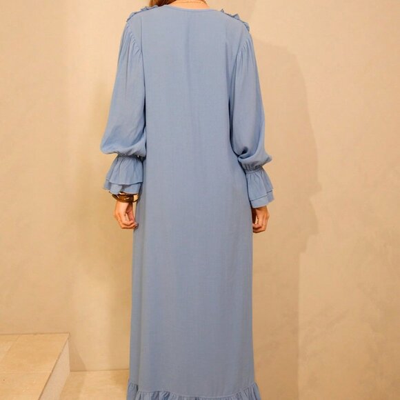 Dusty Blue Casual Women's Long Sleeve Boho Maxi Dress - Picture 2 of 10